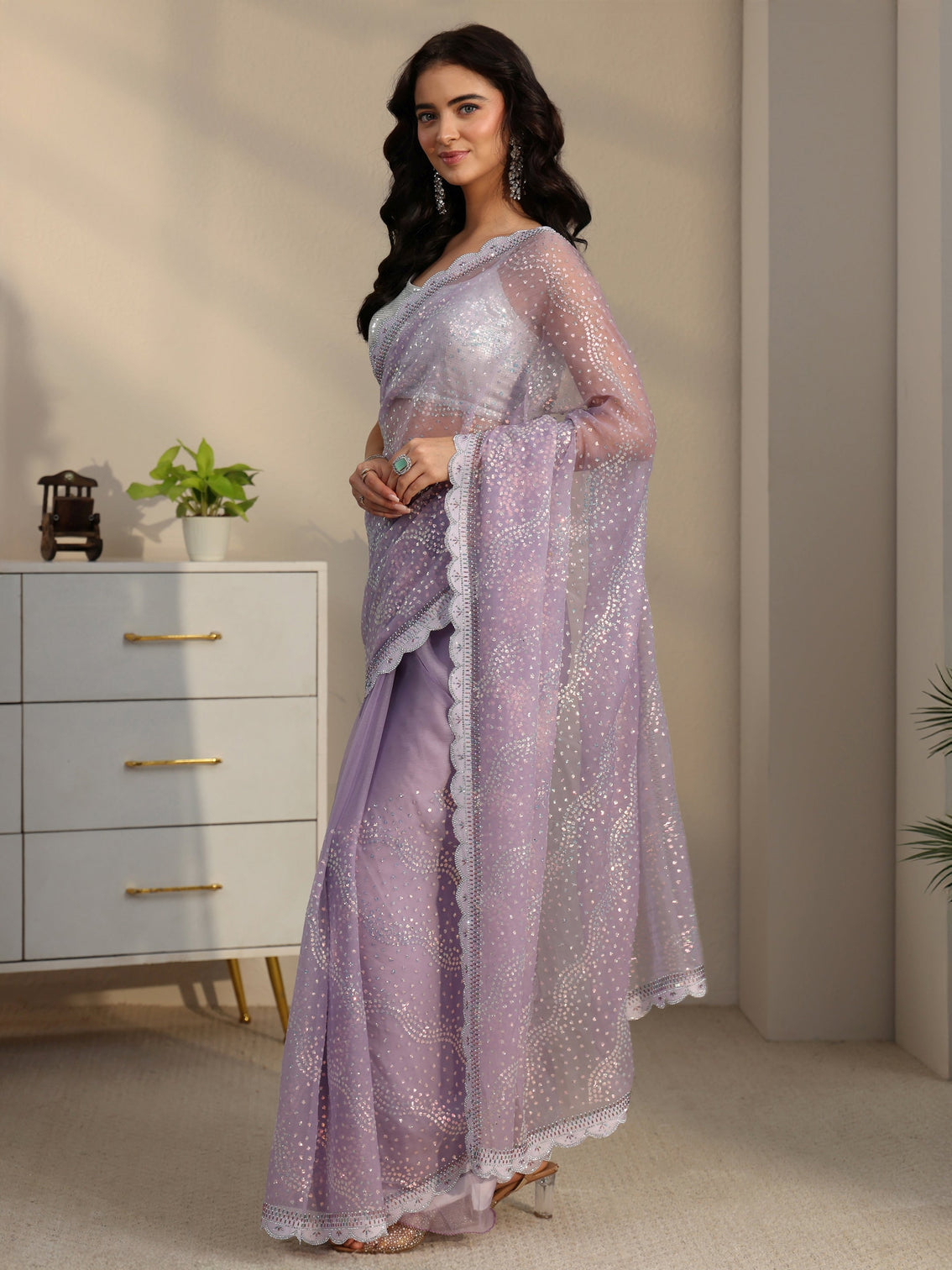 Mameraa Lavender Embellished Chiffon Saree with Scalloped Border