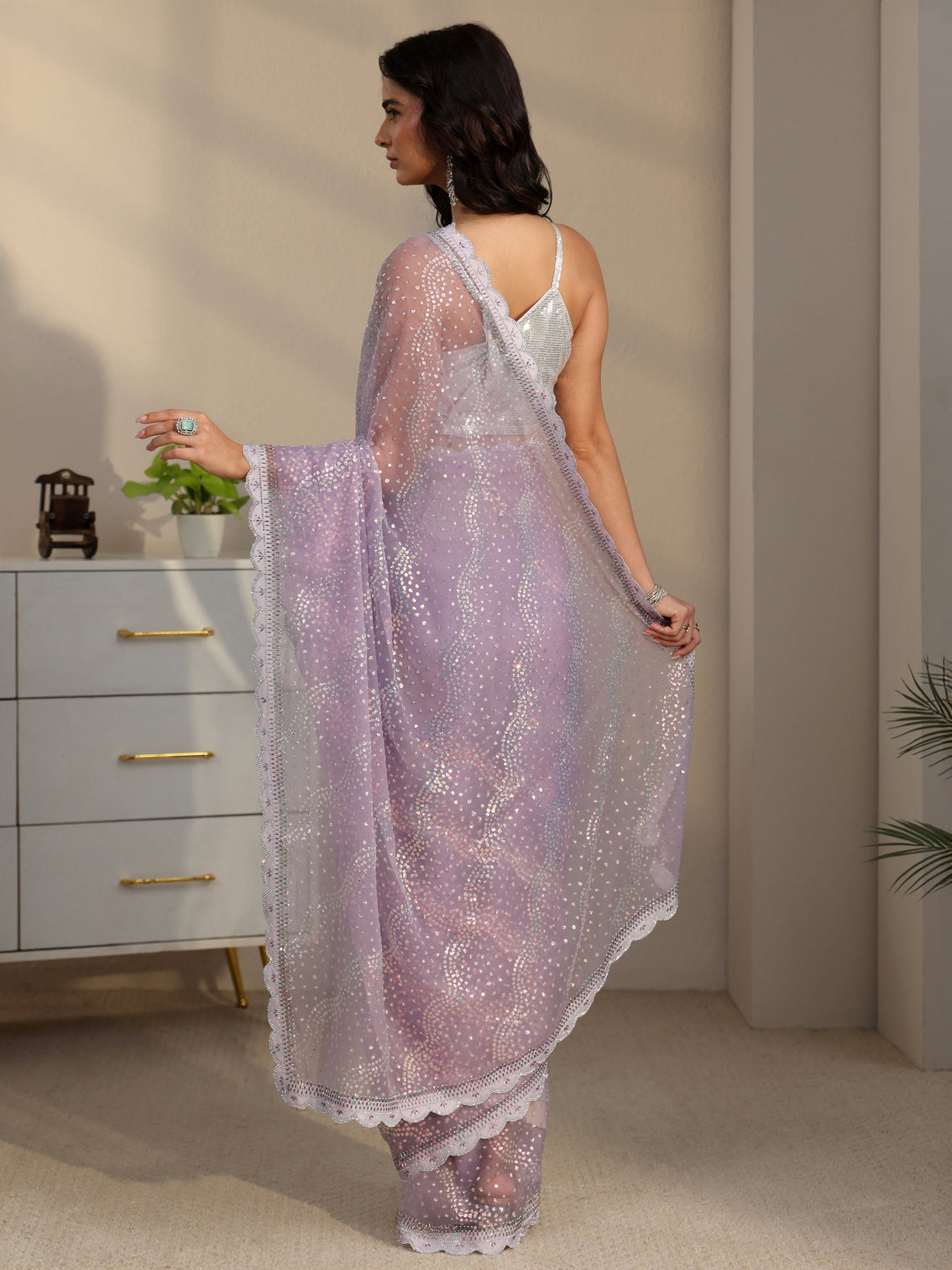 Mameraa Lavender Embellished Chiffon Saree with Scalloped Border