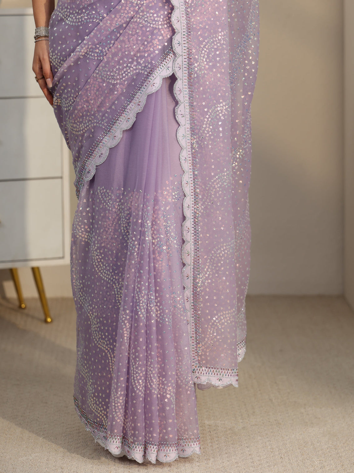 Mameraa Lavender Embellished Chiffon Saree with Scalloped Border