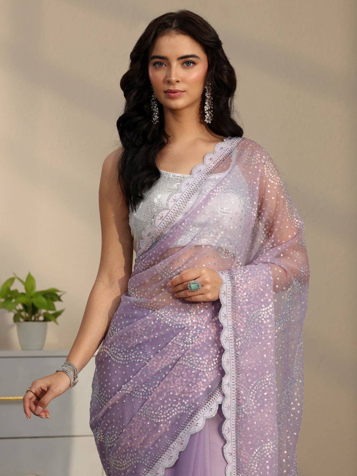 Mameraa Lavender Embellished Chiffon Saree with Scalloped Border