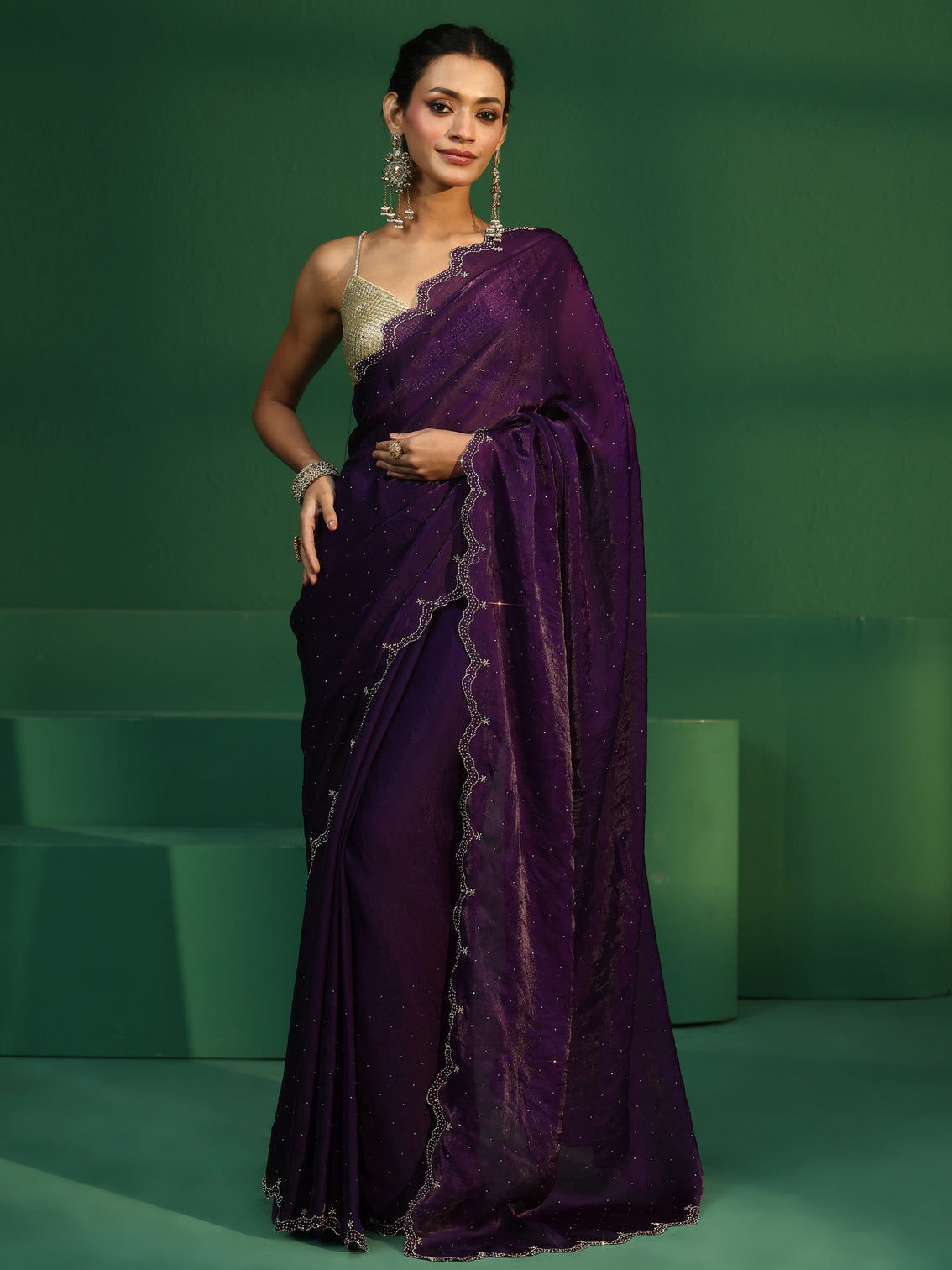 Mameraa Regal Purple Embellished Tissue Saree