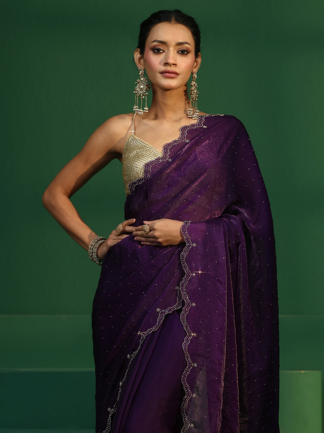 Mameraa Regal Purple Embellished Tissue Saree