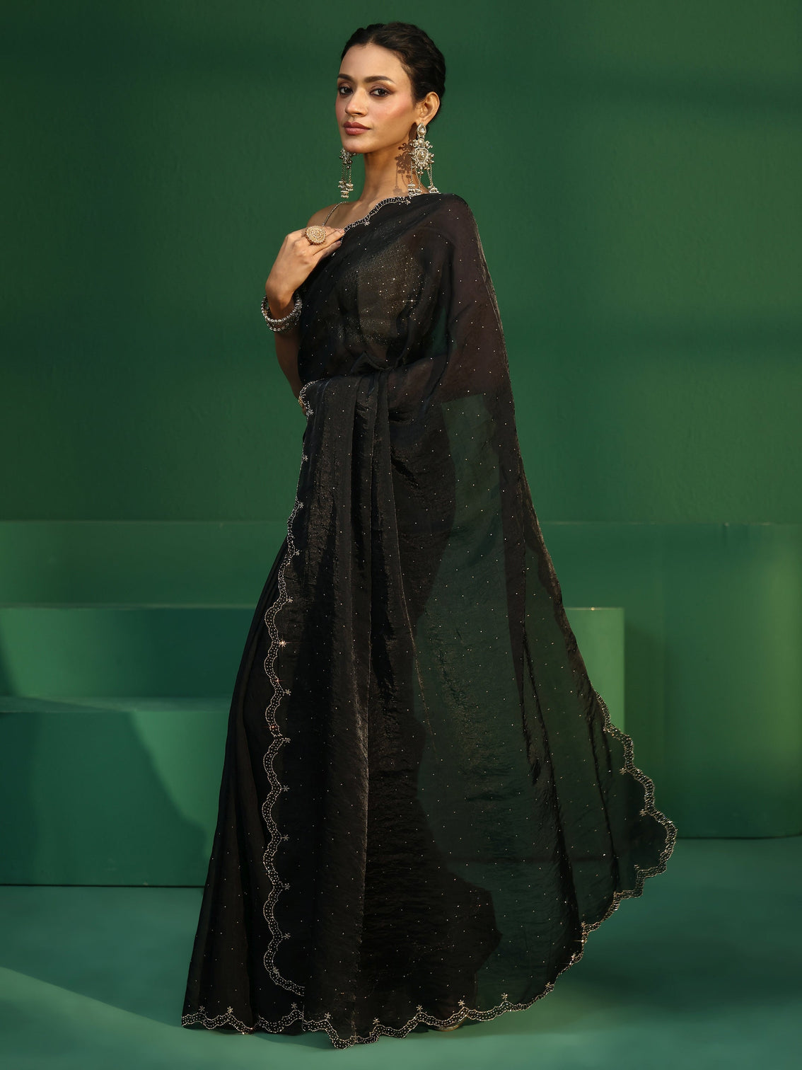 Mameraa Black Embellished Tissue Saree