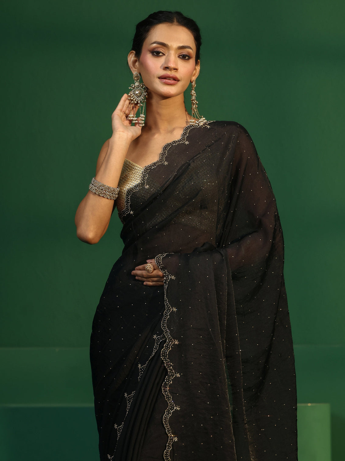 Mameraa Black Embellished Tissue Saree