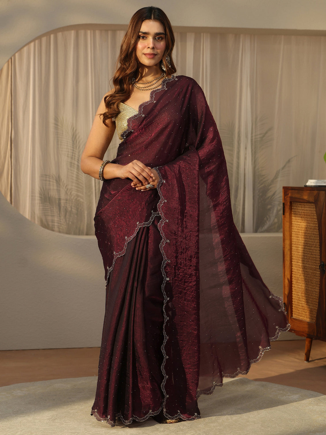 Mameraa Maroon Floral Embellished Tissue Saree with Scalloped Border