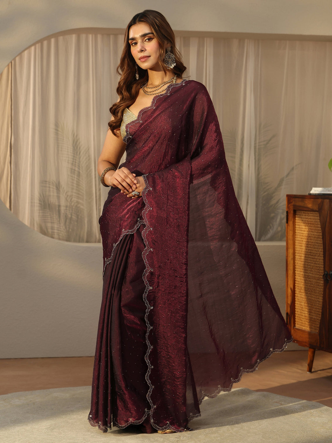 Mameraa Maroon Floral Embellished Tissue Saree with Scalloped Border