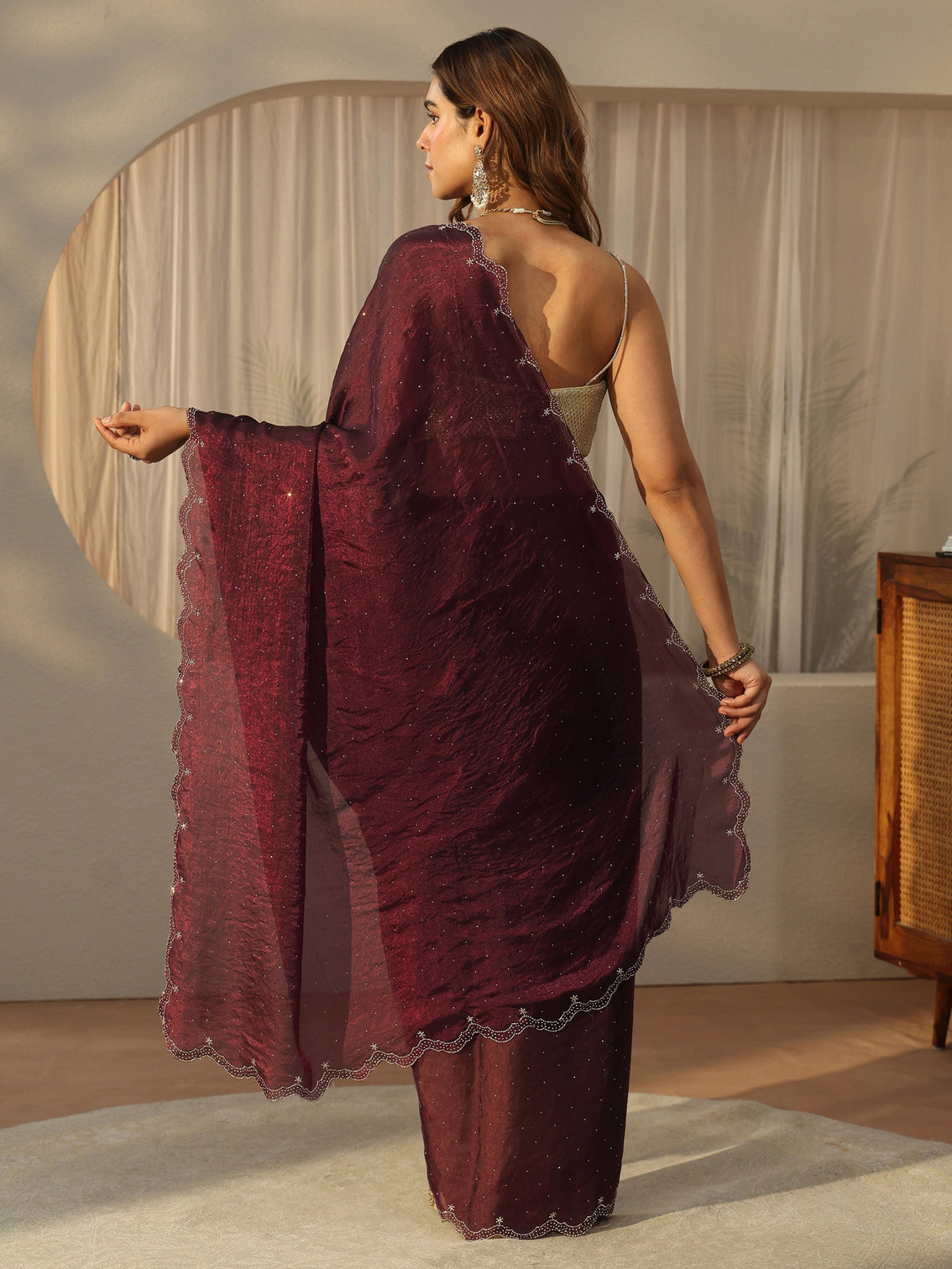 Mameraa Maroon Floral Embellished Tissue Saree with Scalloped Border