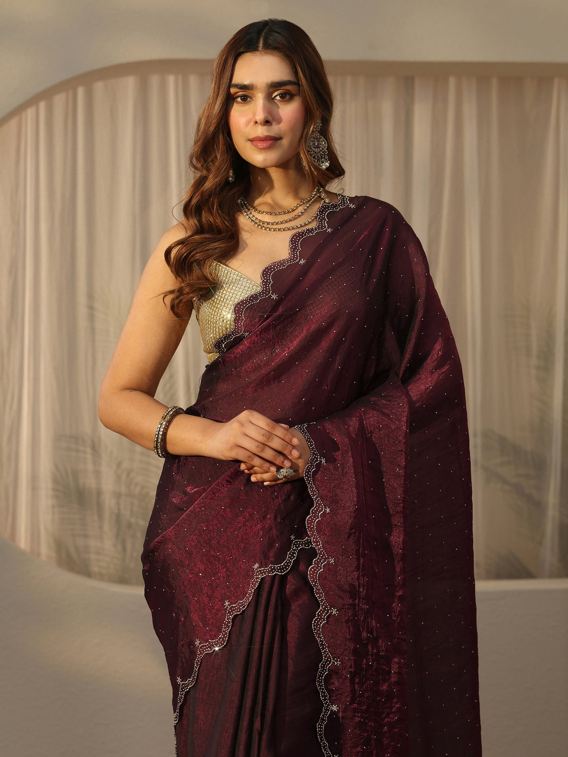 Mameraa Maroon Floral Embellished Tissue Saree with Scalloped Border