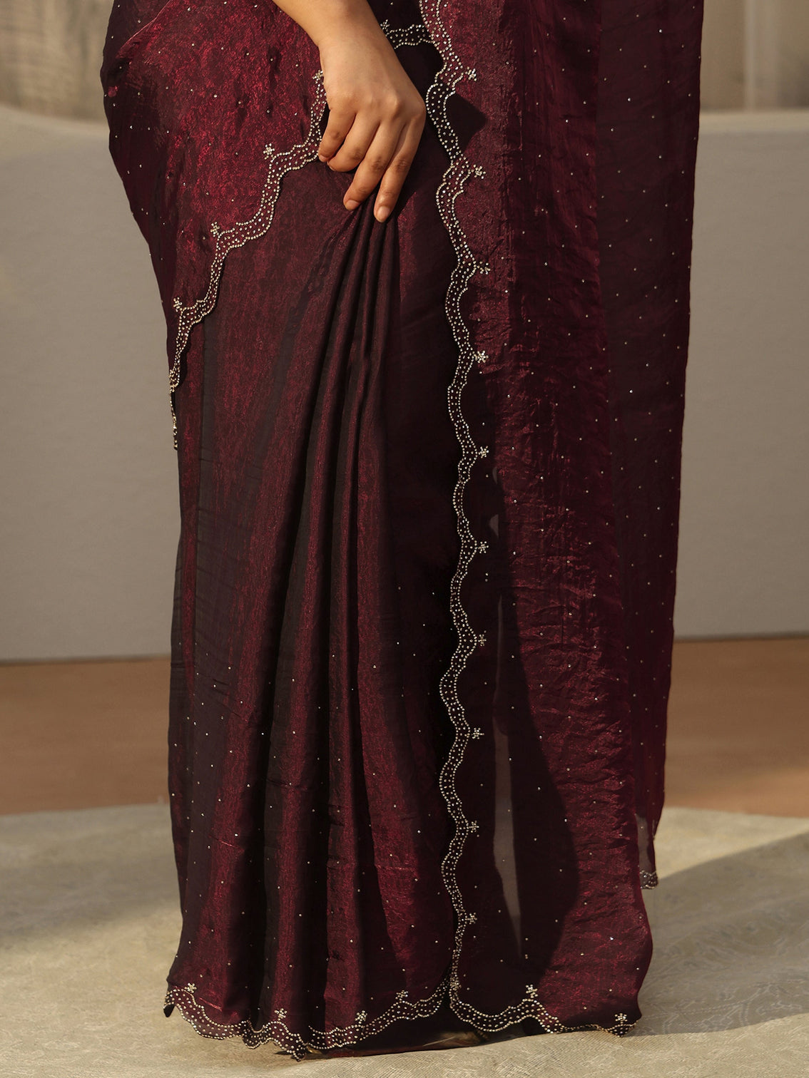 Mameraa Maroon Floral Embellished Tissue Saree with Scalloped Border
