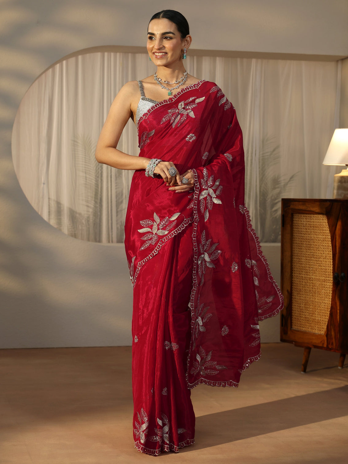 Mameraa Crimson Red Sequin Embellished Leafy Pattern Satin Saree
