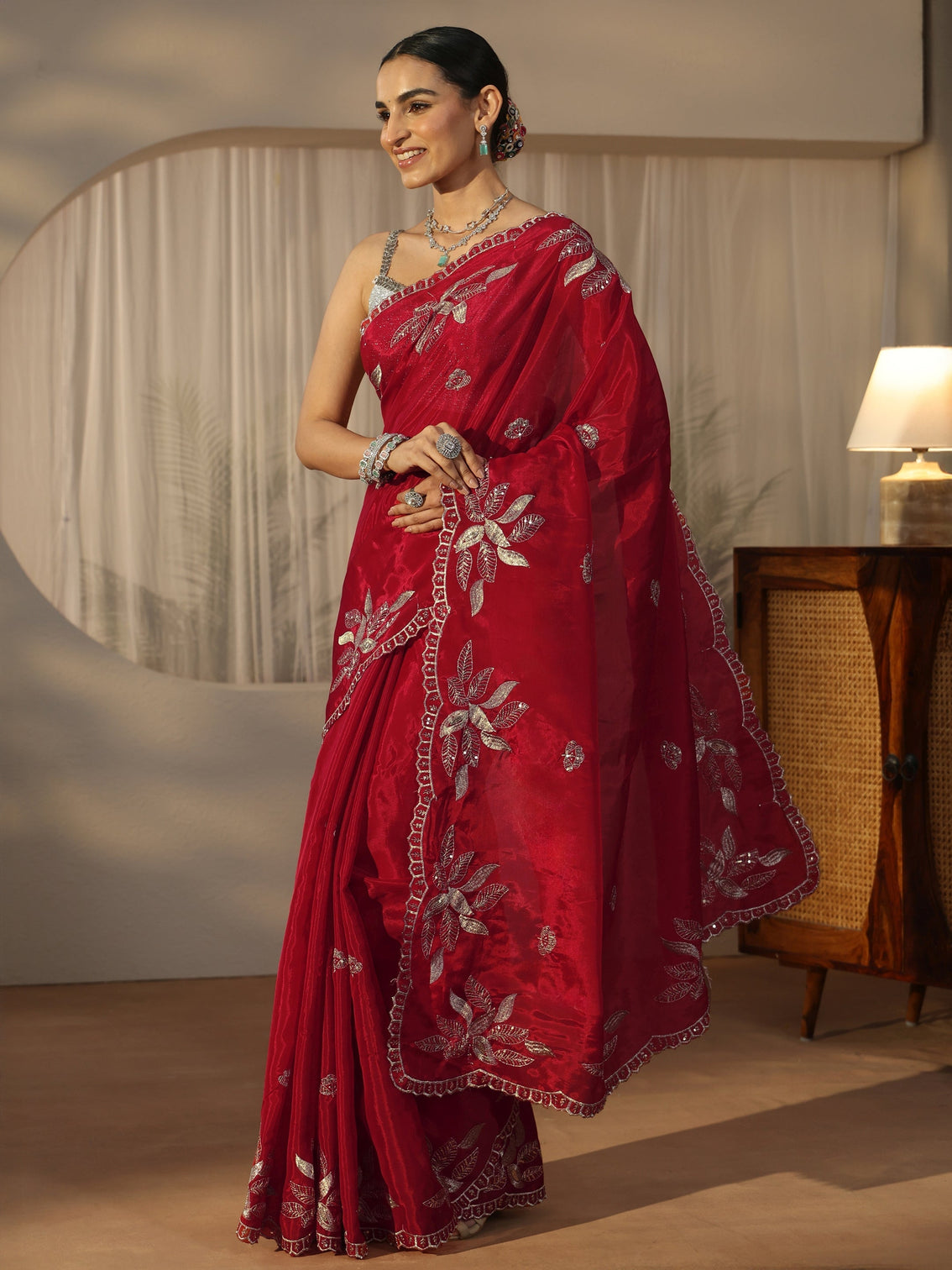 Mameraa Crimson Red Sequin Embellished Leafy Pattern Satin Saree