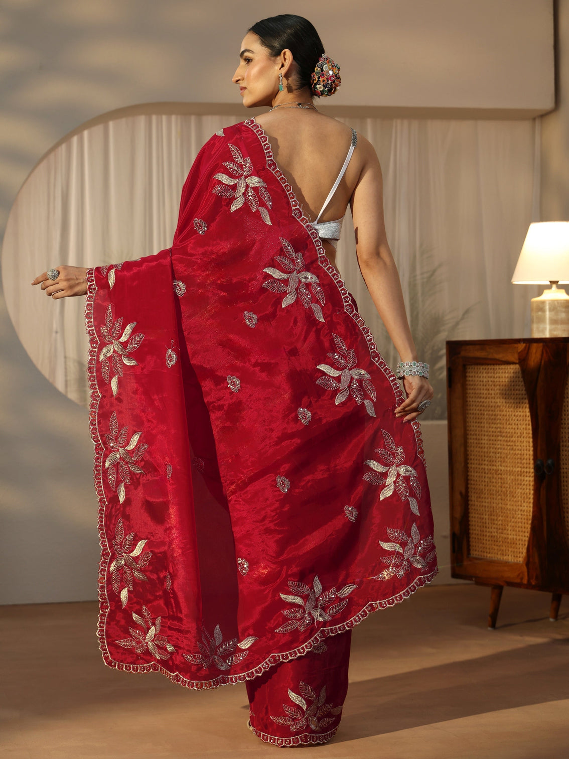 Mameraa Crimson Red Sequin Embellished Leafy Pattern Satin Saree