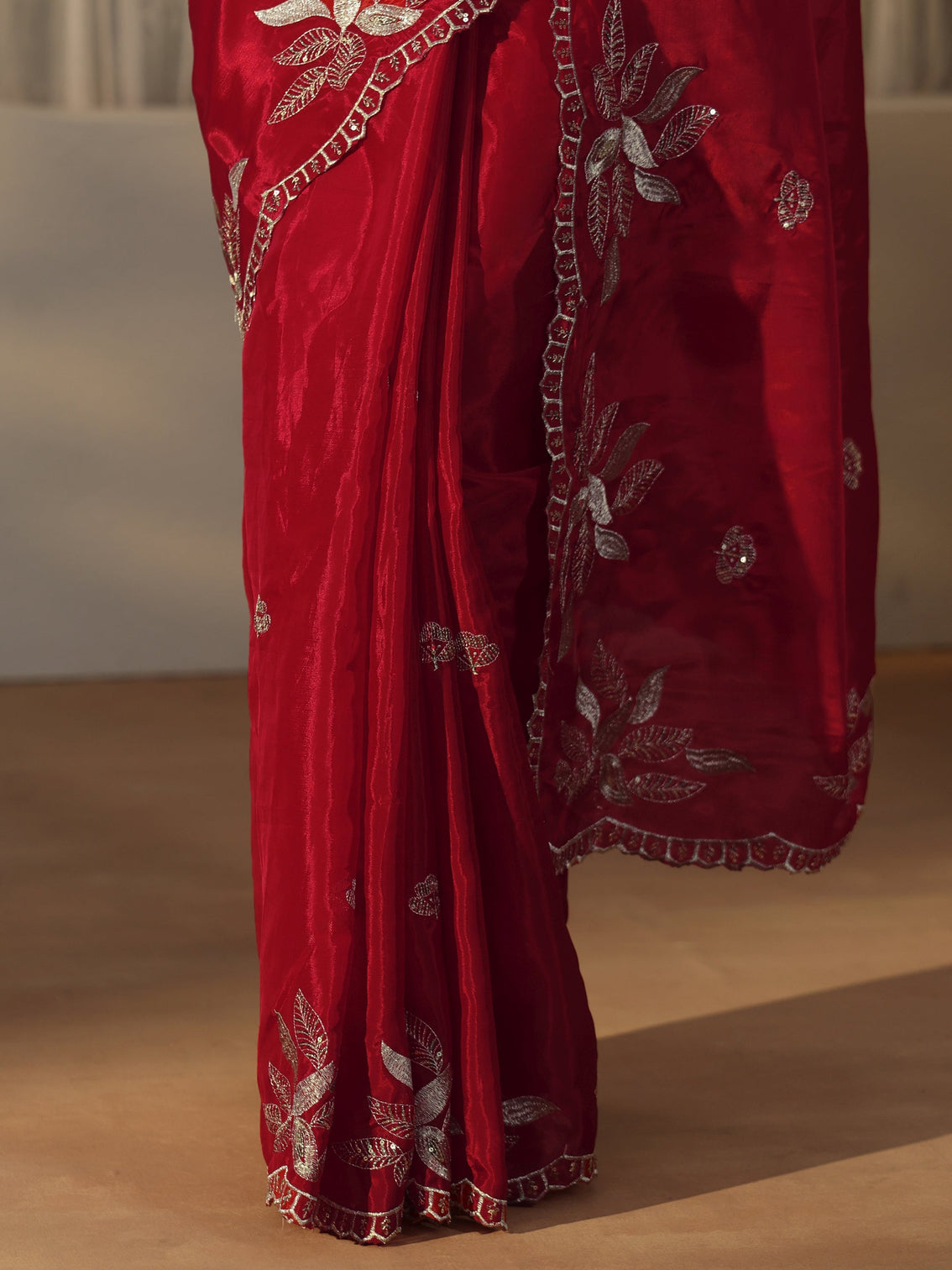 Mameraa Crimson Red Sequin Embellished Leafy Pattern Satin Saree