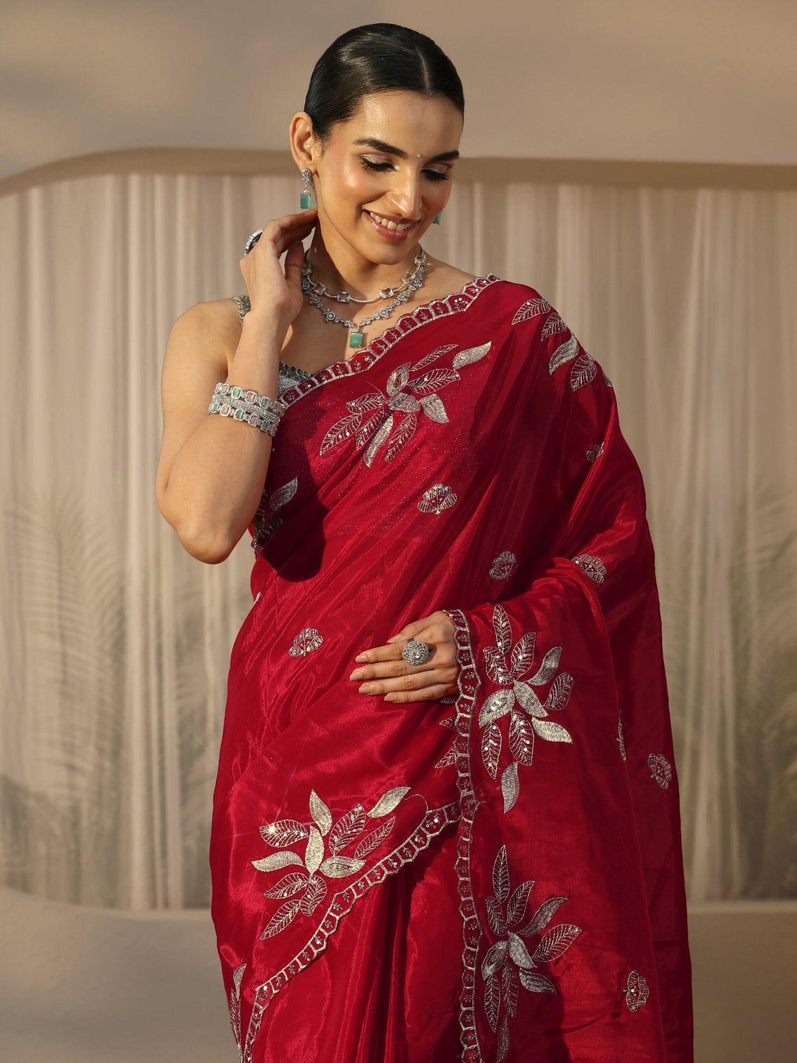 Mameraa Crimson Red Sequin Embellished Leafy Pattern Satin Saree