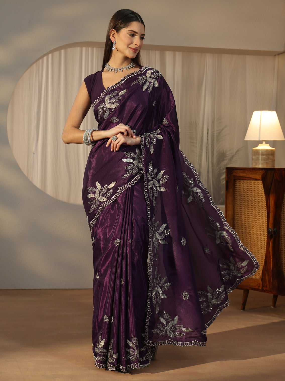 Mameraa Imperial Purple Sequin Embellished Leafy Pattern Satin Saree