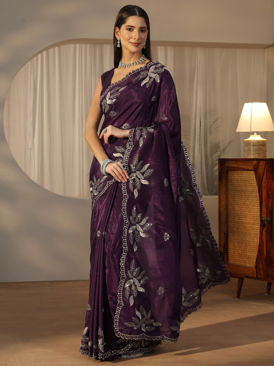 Mameraa Imperial Purple Sequin Embellished Leafy Pattern Satin Saree