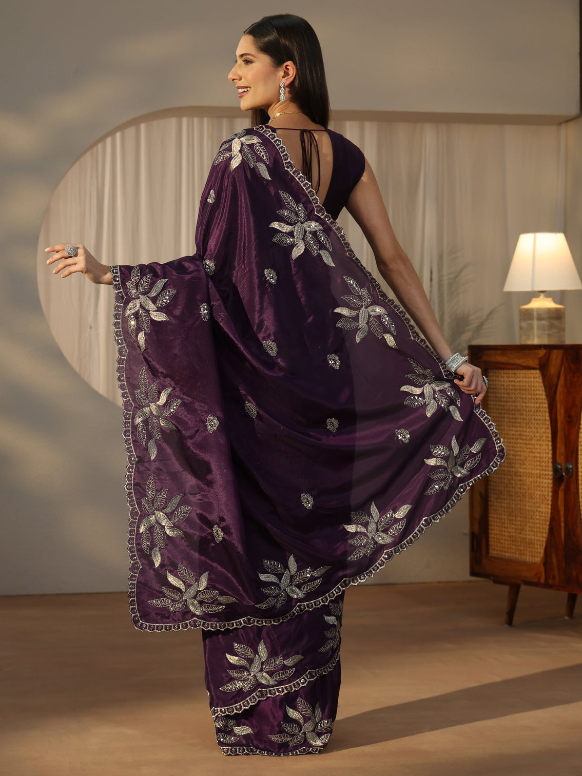 Mameraa Imperial Purple Sequin Embellished Leafy Pattern Satin Saree