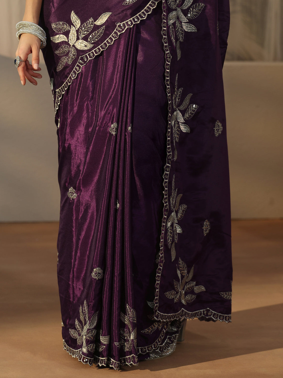 Mameraa Imperial Purple Sequin Embellished Leafy Pattern Satin Saree