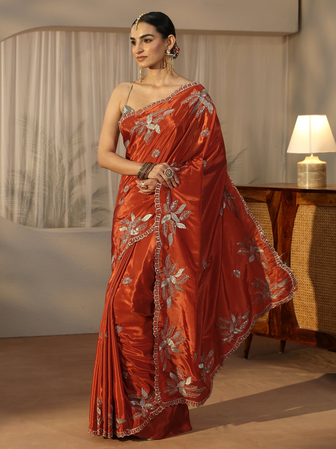 Mameraa Burnt Orange Sequin Embellished Leafy Pattern Satin Saree