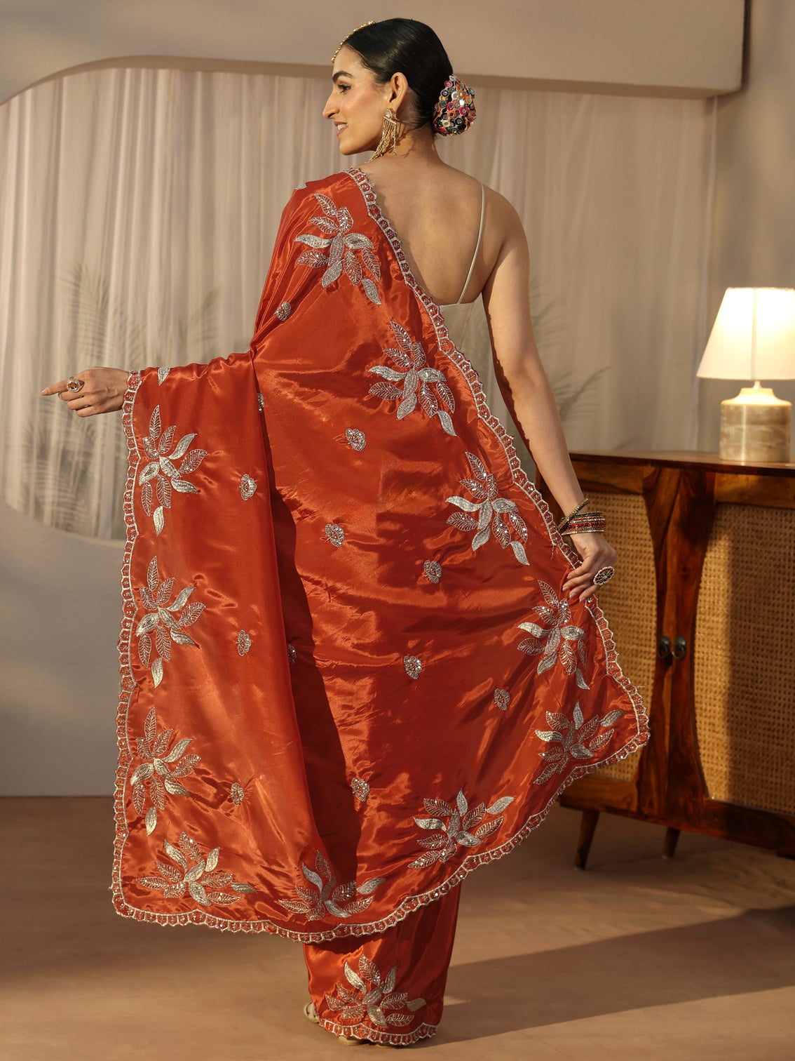 Mameraa Burnt Orange Sequin Embellished Leafy Pattern Satin Saree