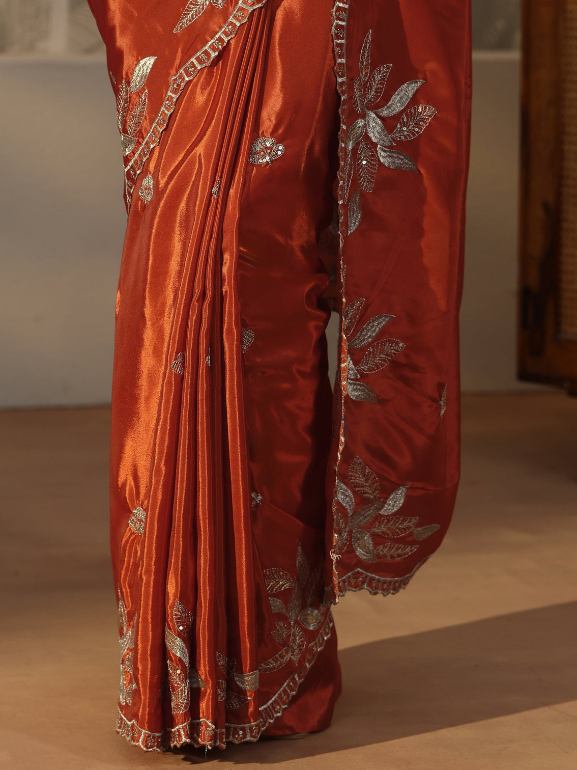 Mameraa Burnt Orange Sequin Embellished Leafy Pattern Satin Saree