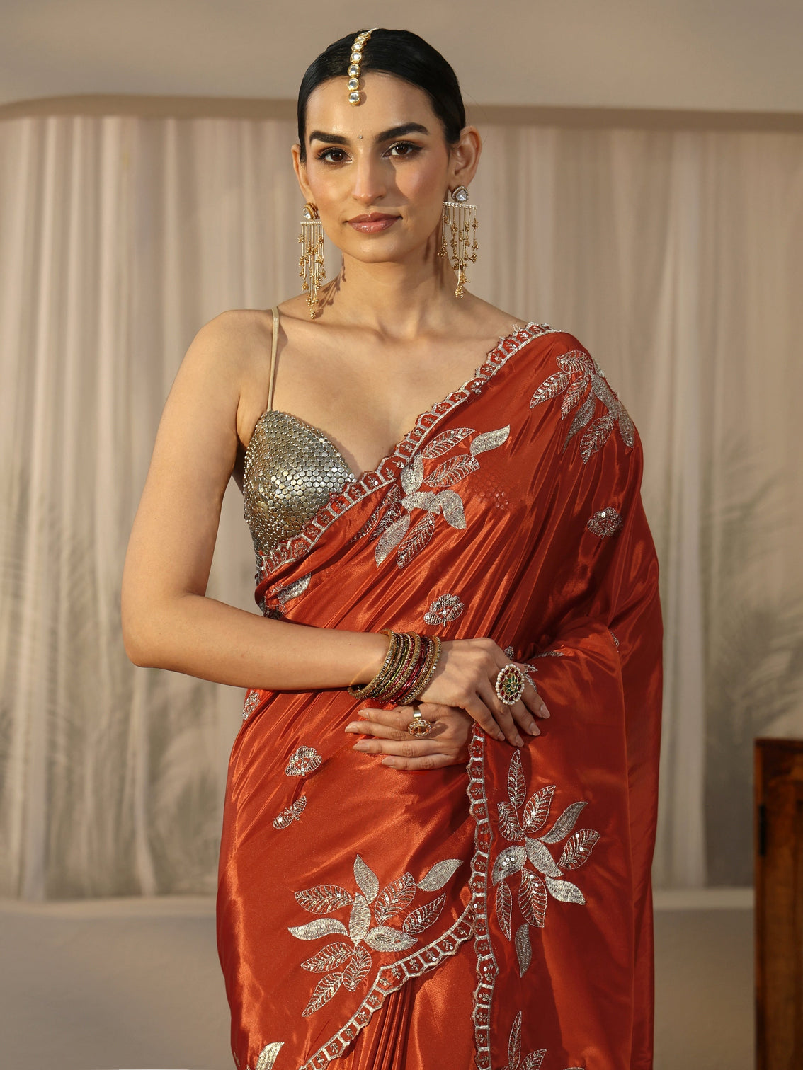 Mameraa Burnt Orange Sequin Embellished Leafy Pattern Satin Saree