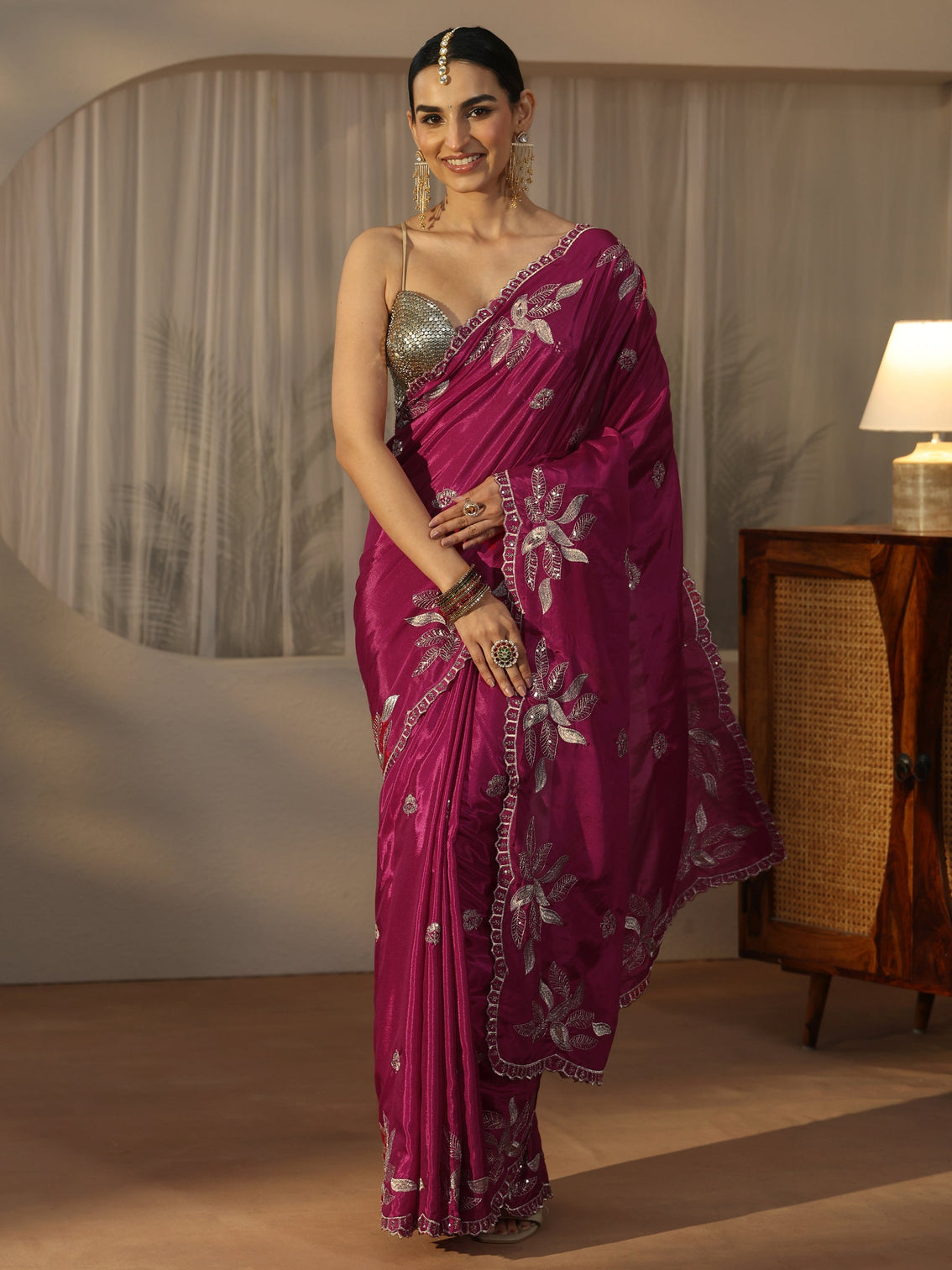Mameraa Magenta Pink Sequin Embellished Leafy Pattern Satin Saree