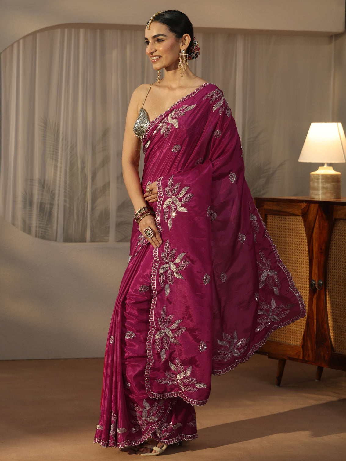 Mameraa Magenta Pink Sequin Embellished Leafy Pattern Satin Saree