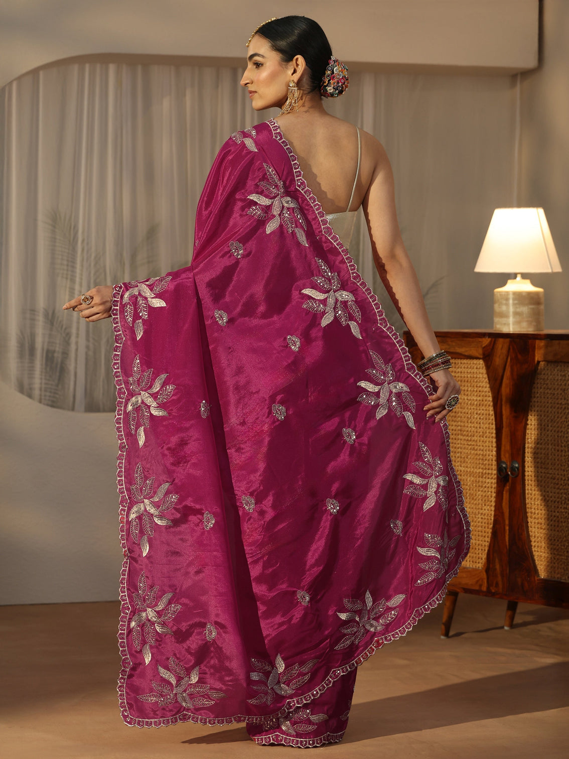 Mameraa Magenta Pink Sequin Embellished Leafy Pattern Satin Saree