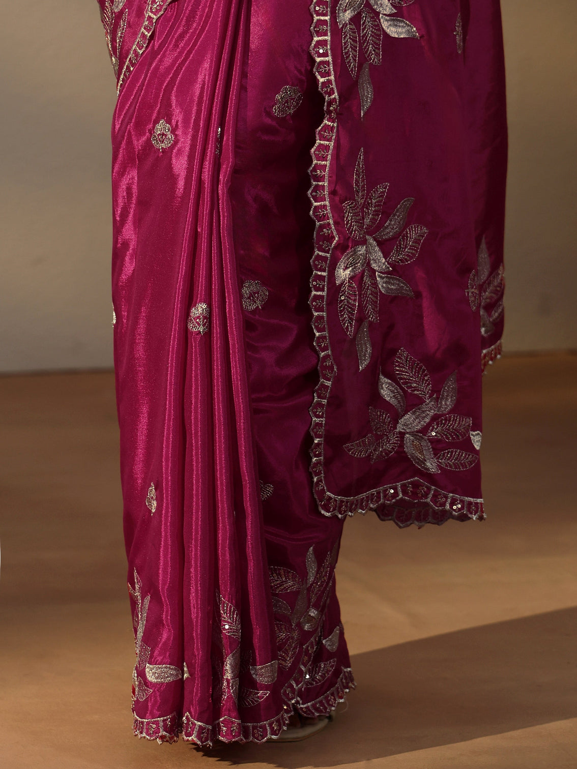 Mameraa Magenta Pink Sequin Embellished Leafy Pattern Satin Saree