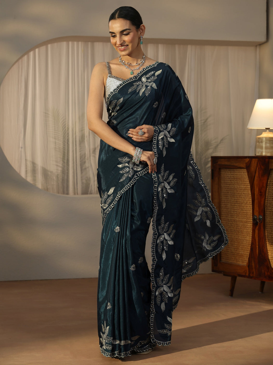 Mameraa Teal Blue Sequin Embellished Leafy Pattern Satin Saree