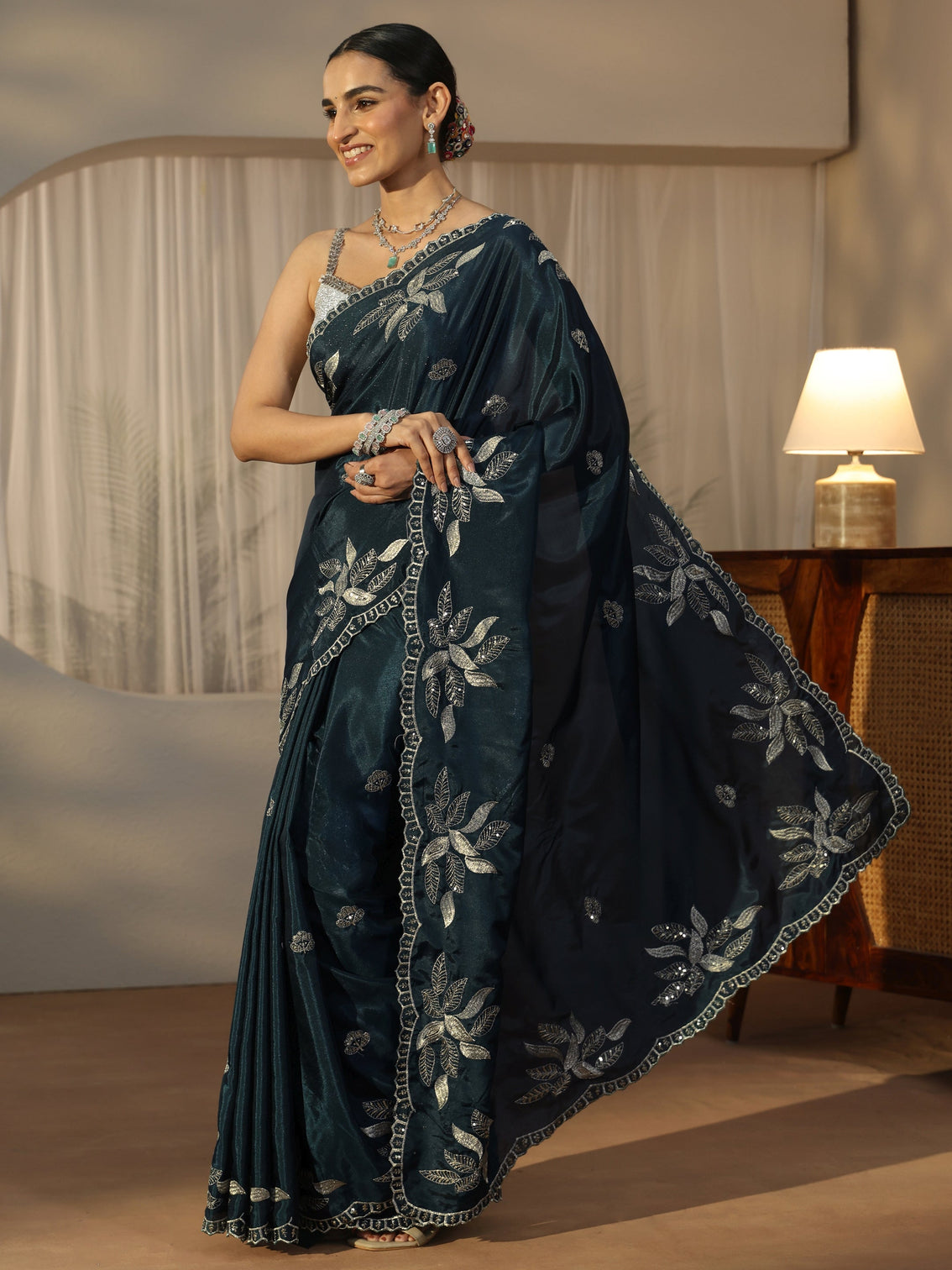 Mameraa Teal Blue Sequin Embellished Leafy Pattern Satin Saree