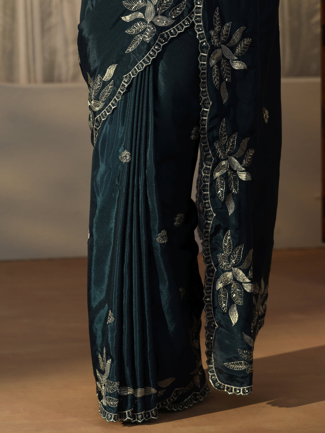 Mameraa Teal Blue Sequin Embellished Leafy Pattern Satin Saree