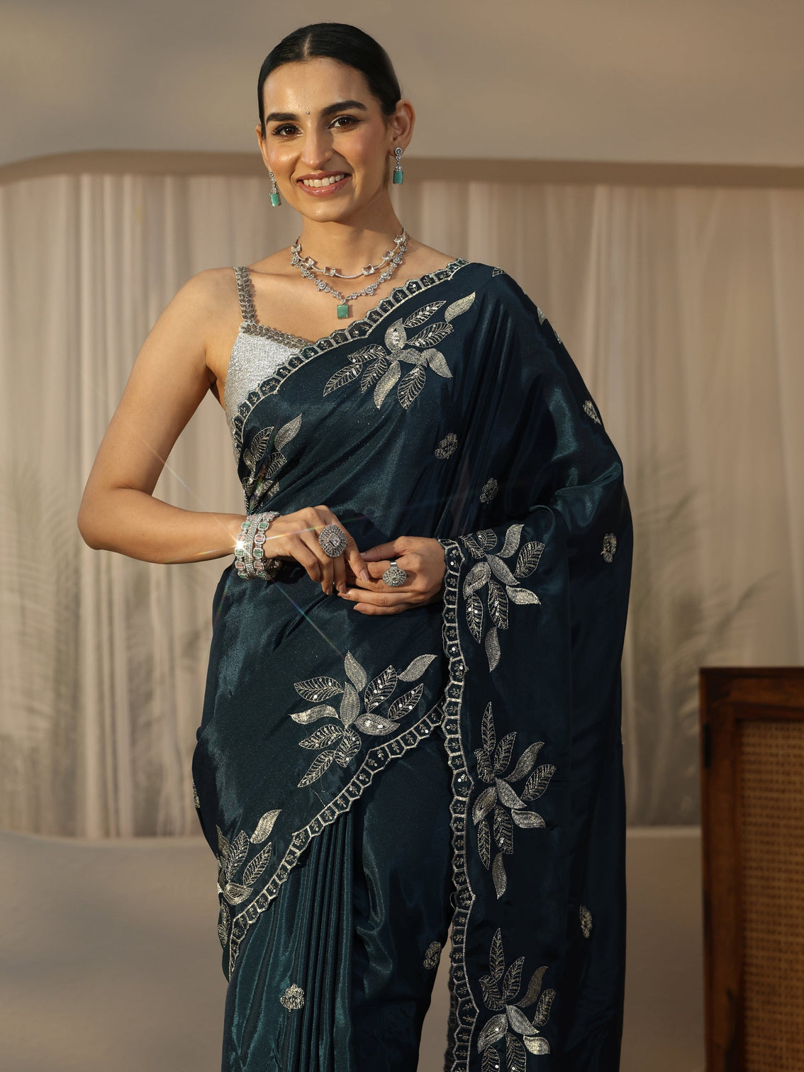 Mameraa Teal Blue Sequin Embellished Leafy Pattern Satin Saree