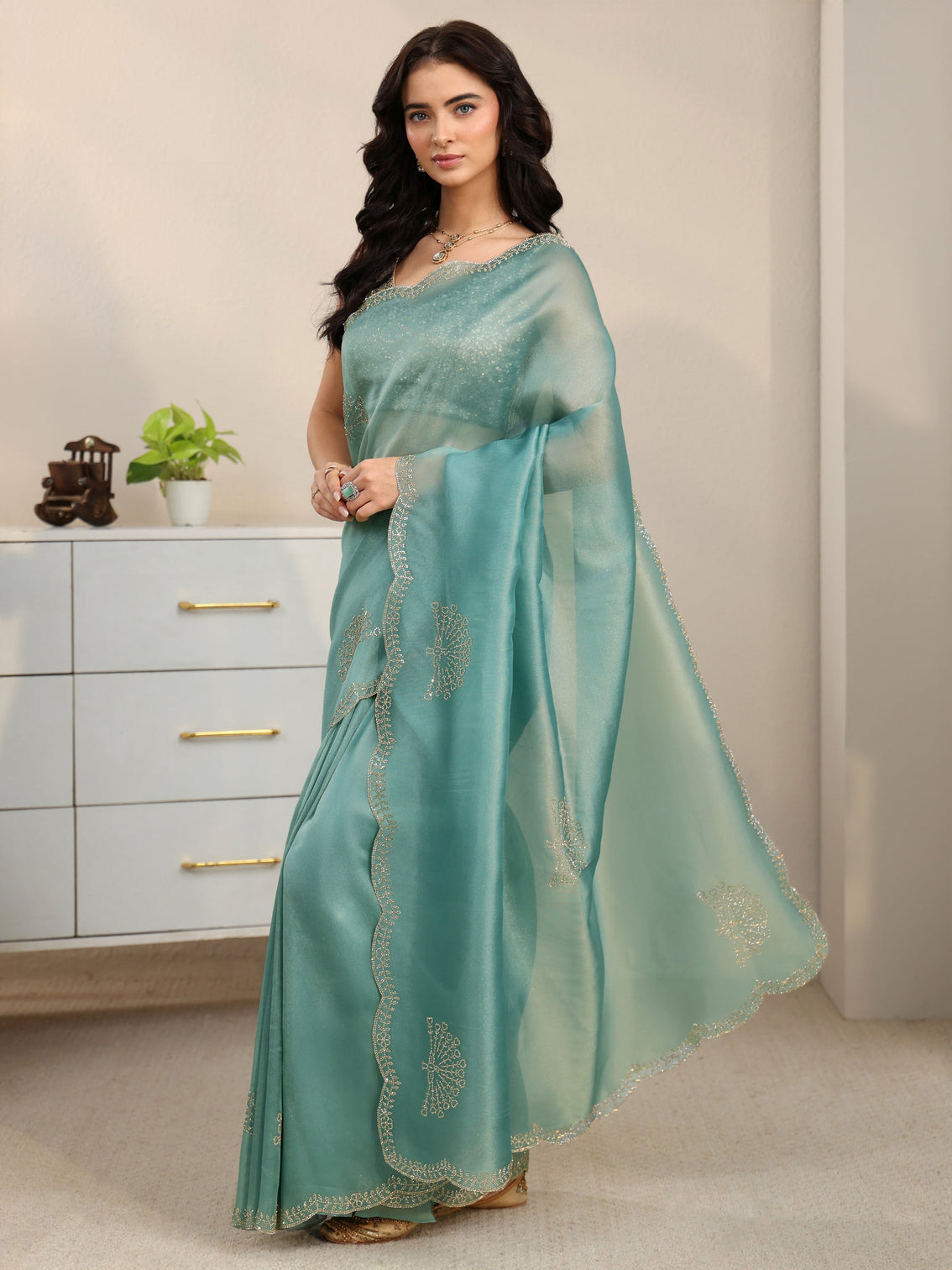 Mameraa Aqua Blue Embellished Organza Saree with Scalloped Border