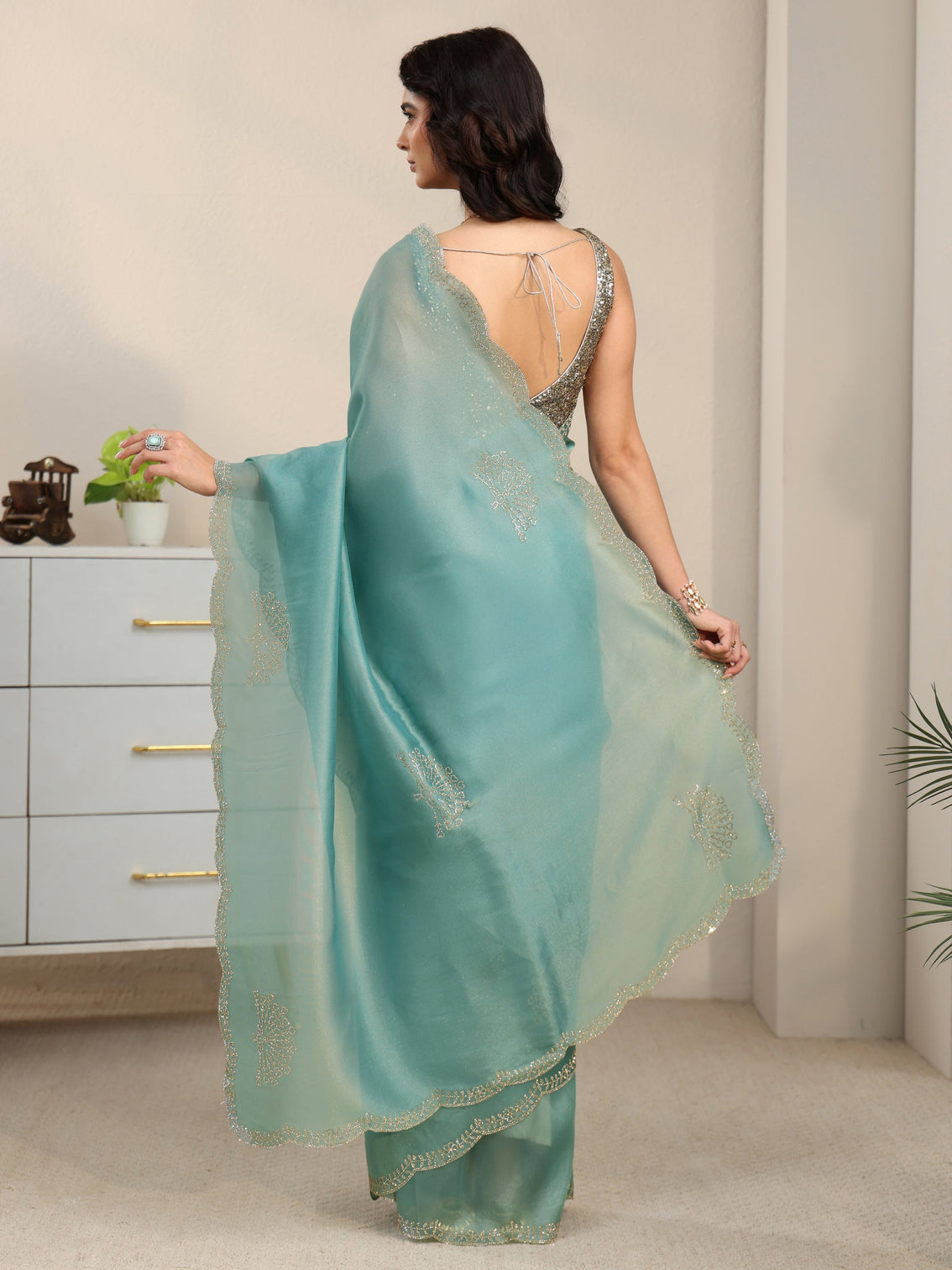 Mameraa Aqua Blue Embellished Organza Saree with Scalloped Border