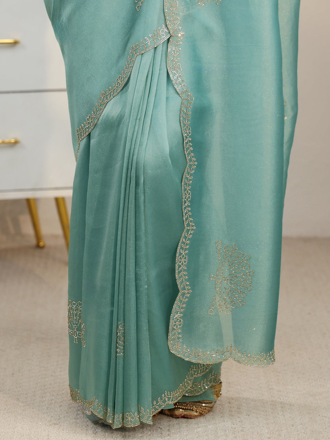 Mameraa Aqua Blue Embellished Organza Saree with Scalloped Border