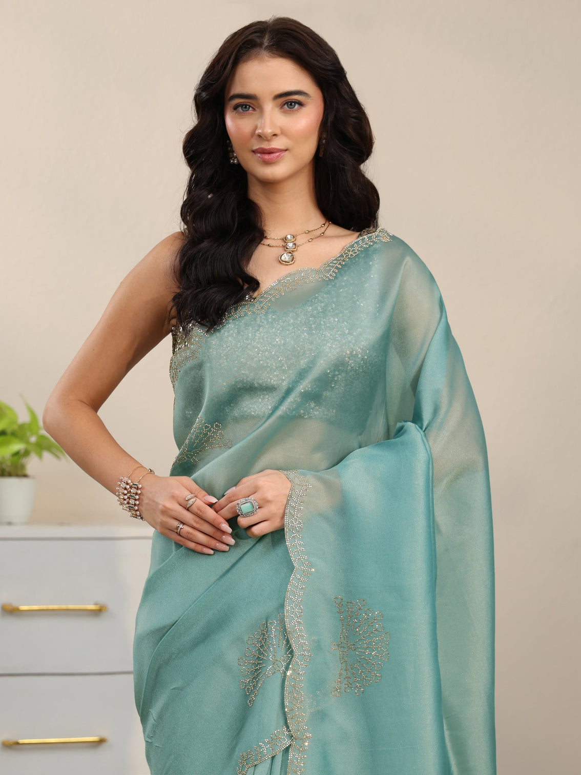 Mameraa Aqua Blue Embellished Organza Saree with Scalloped Border