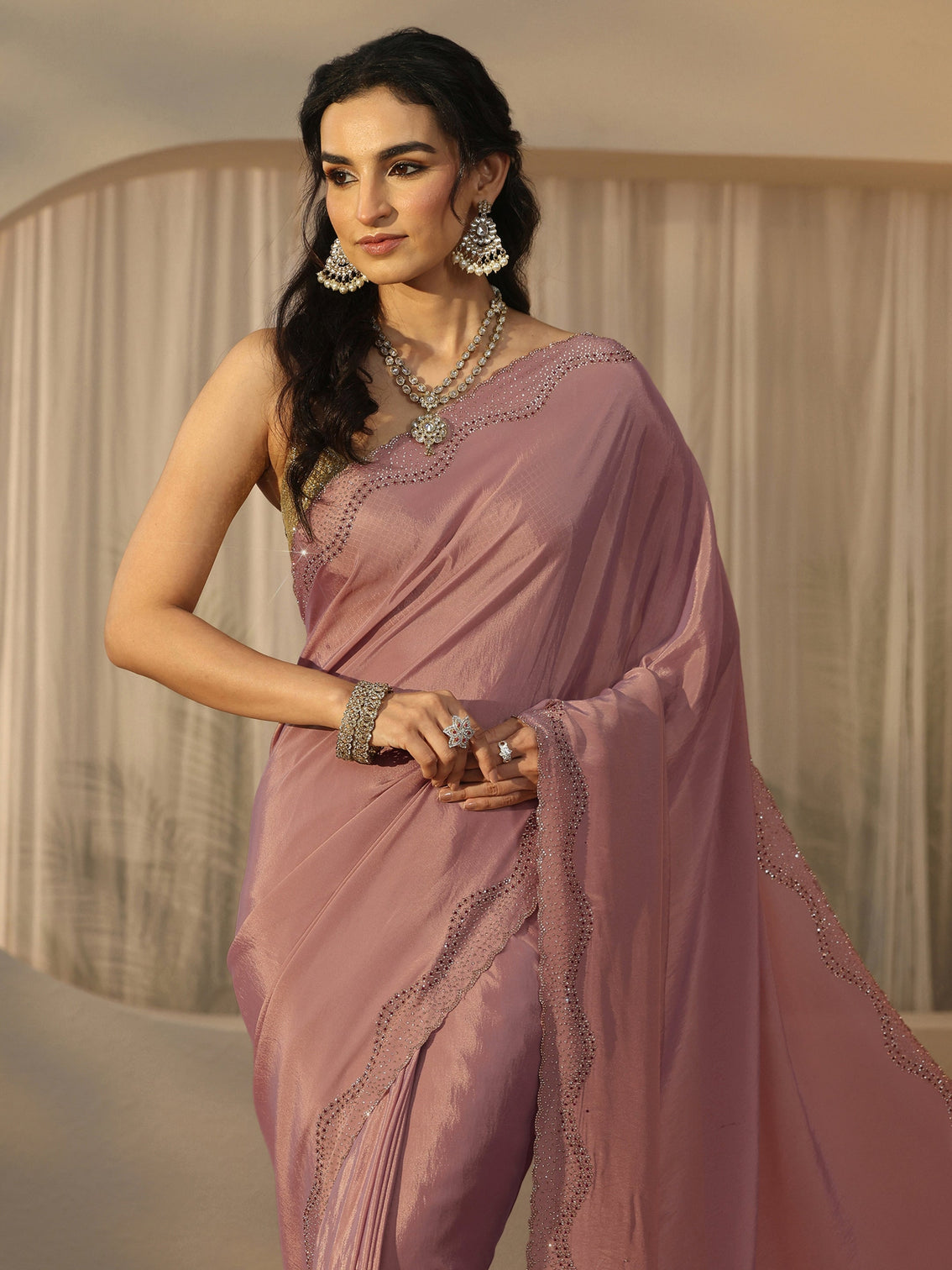 Mameraa Lavender Satin Saree with Embellished Border