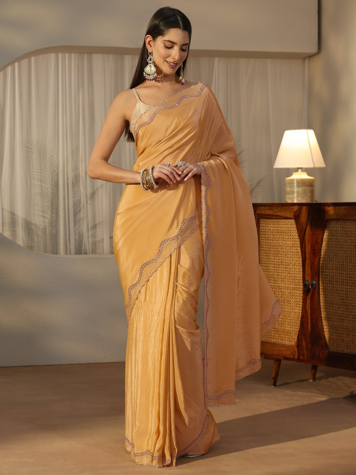 Mameraa Mustard Satin Saree with Embellished Border