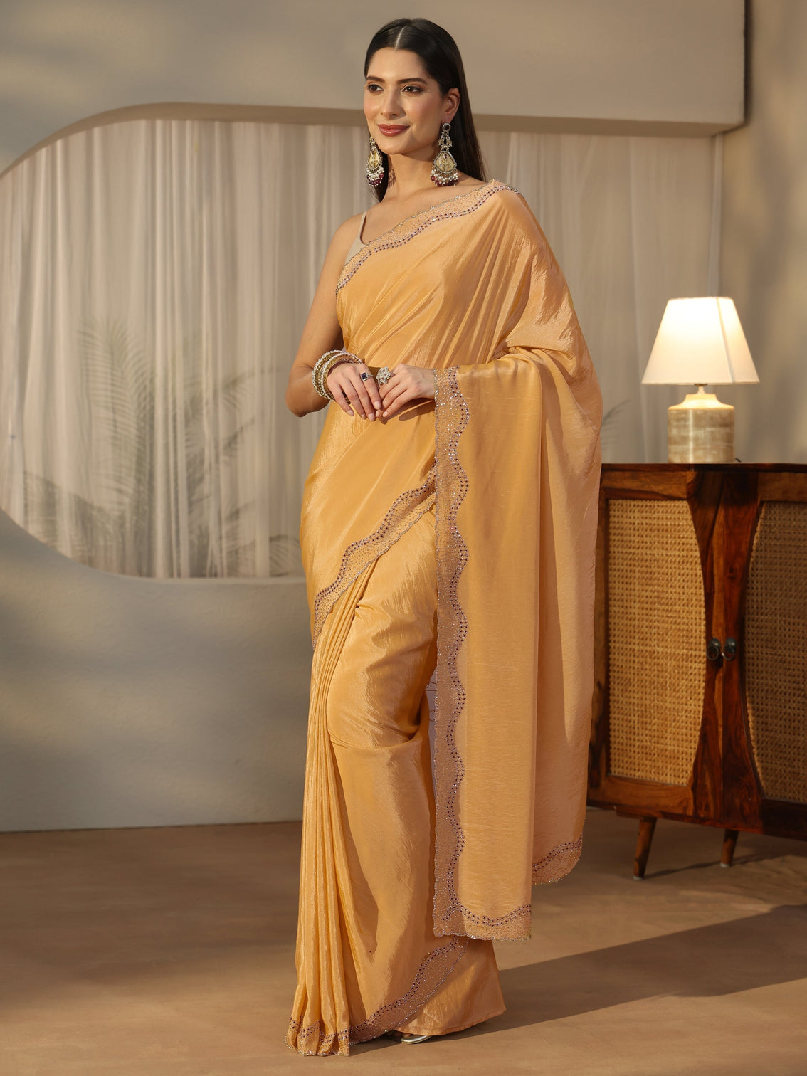 Mameraa Mustard Satin Saree with Embellished Border