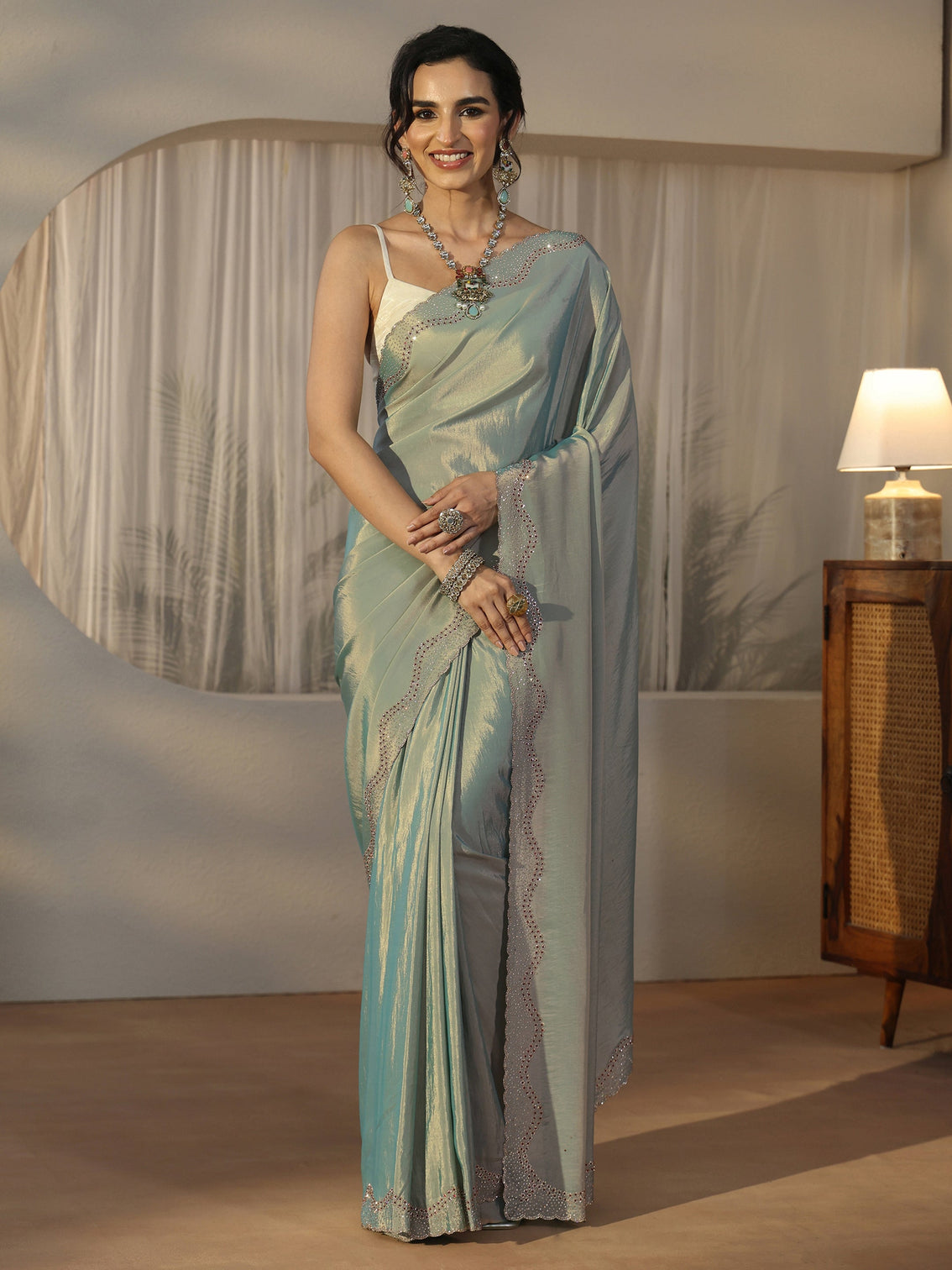 Mameraa Ice Blue Embellished Satin Saree with Scalloped Border