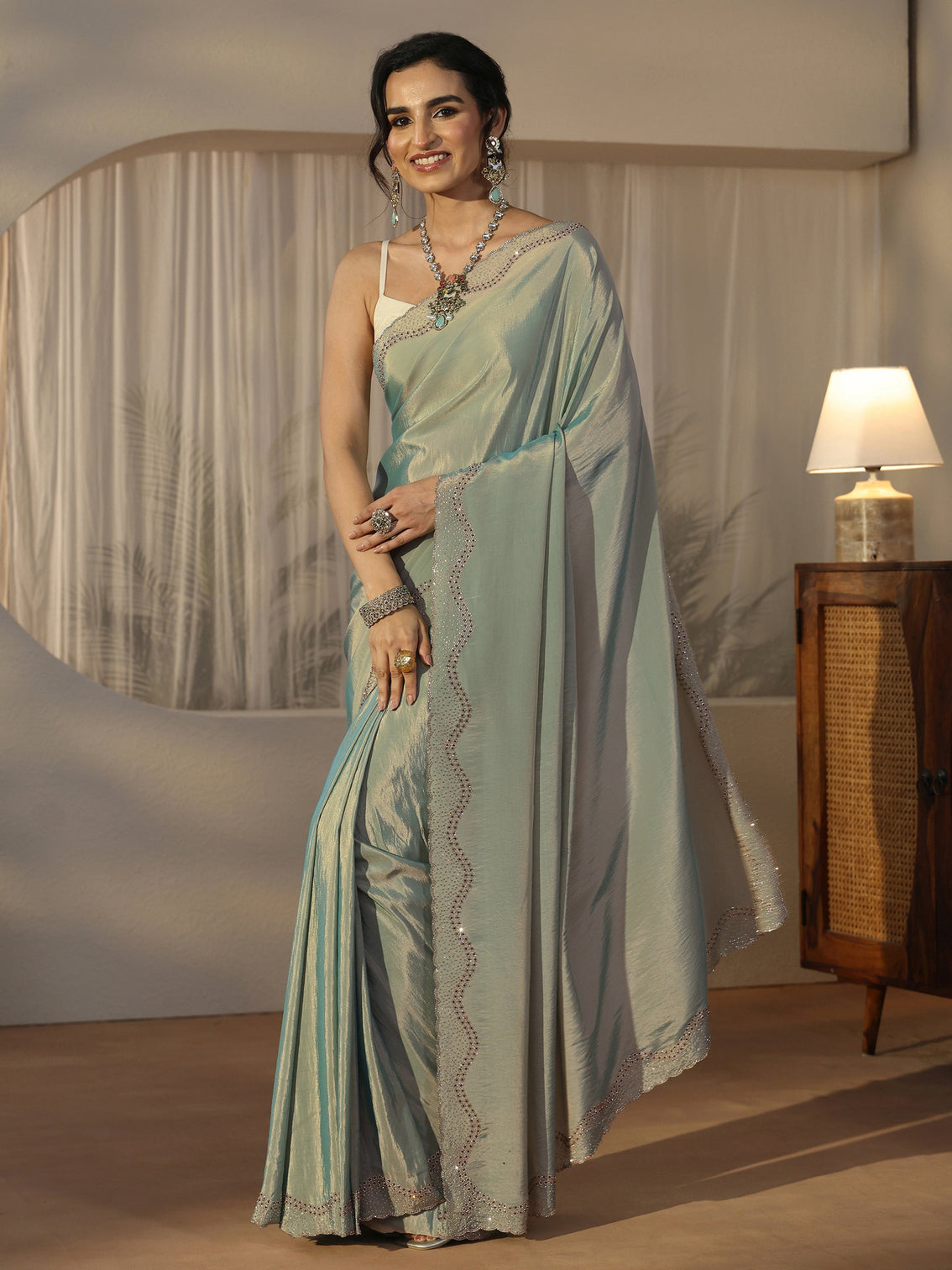 Mameraa Ice Blue Embellished Satin Saree with Scalloped Border
