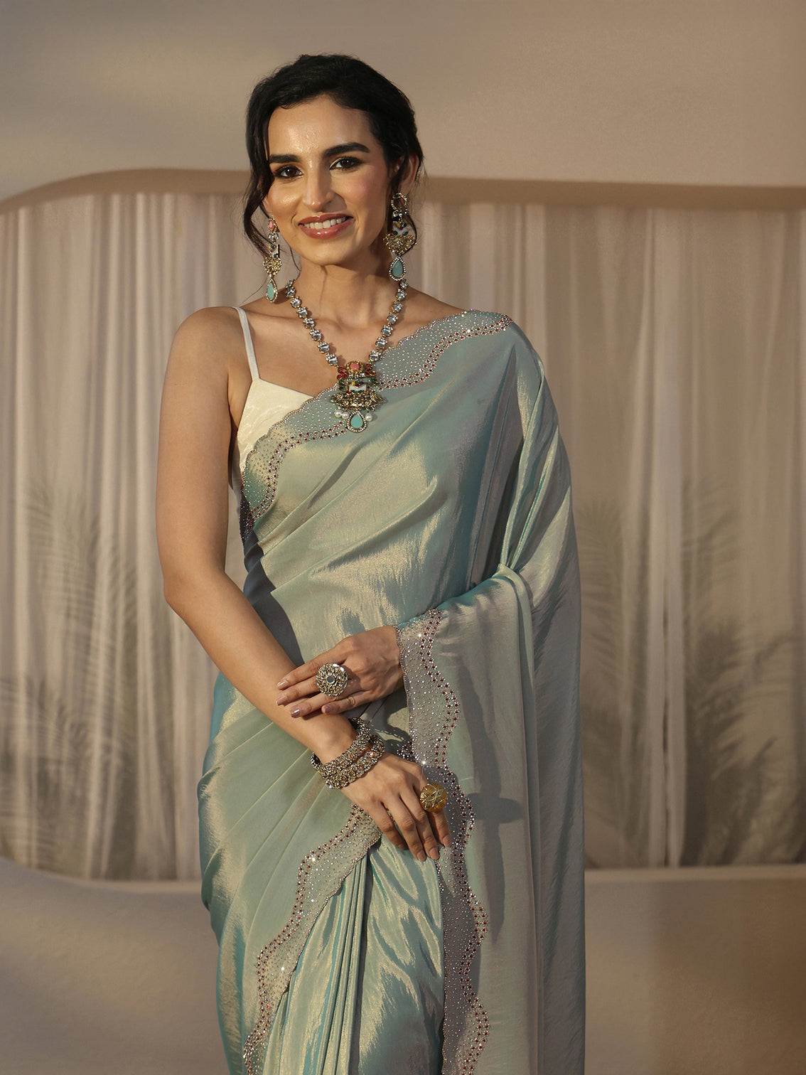 Mameraa Ice Blue Embellished Satin Saree with Scalloped Border