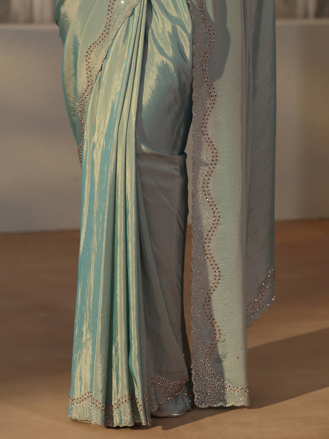 Mameraa Ice Blue Embellished Satin Saree with Scalloped Border
