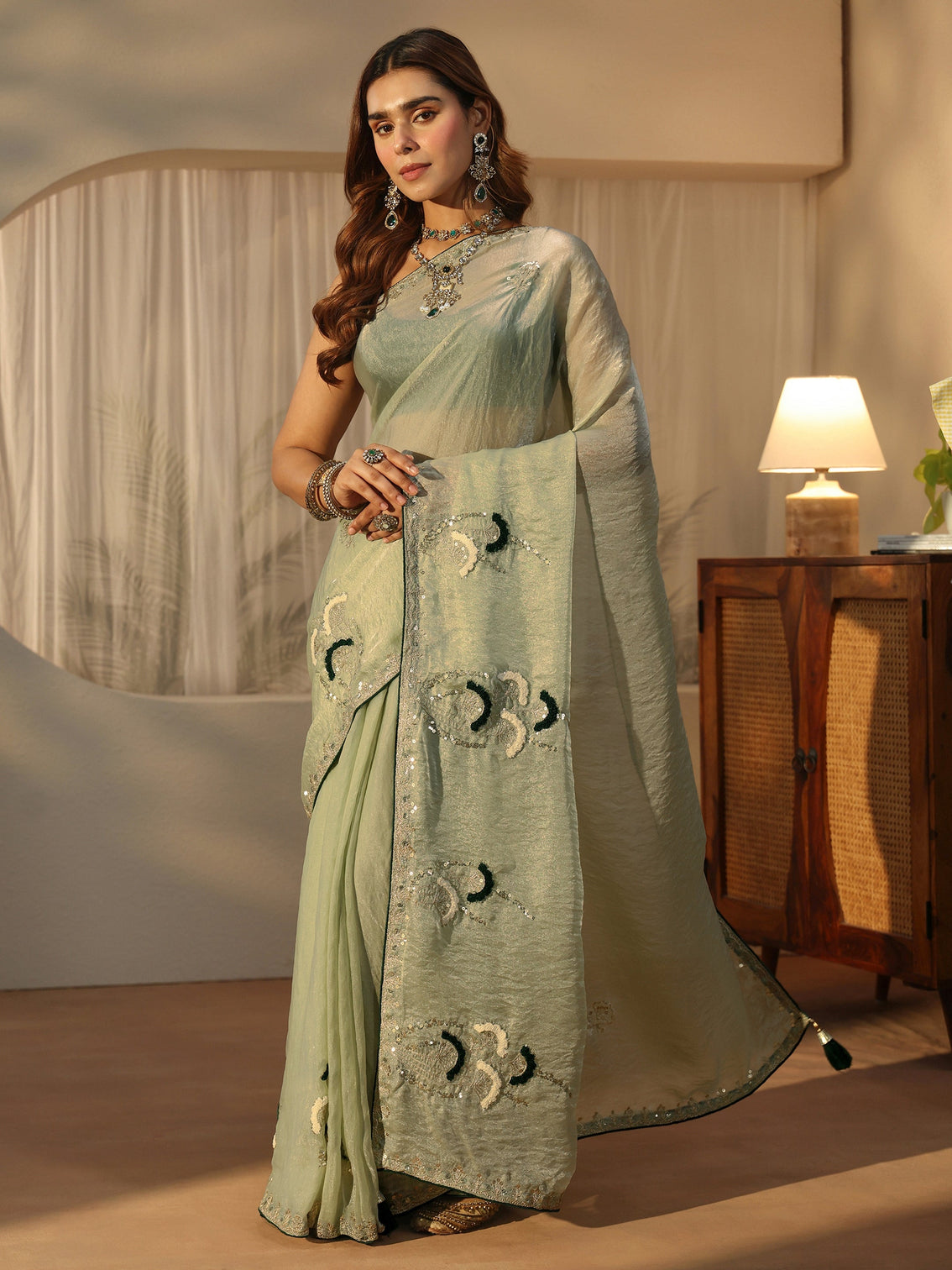 Mameraa Light Green Sequin Embellished Tissue Saree