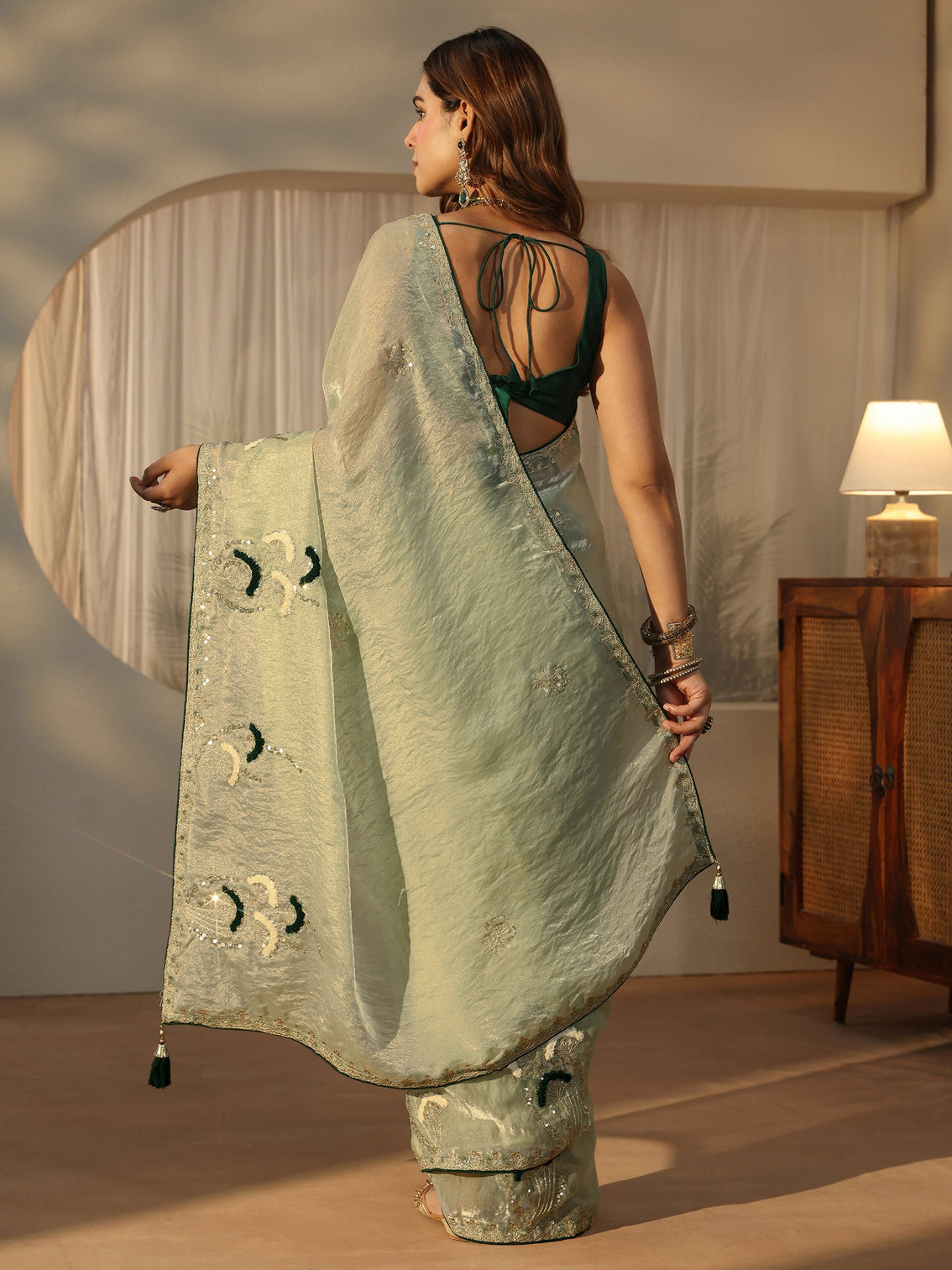 Mameraa Light Green Sequin Embellished Tissue Saree