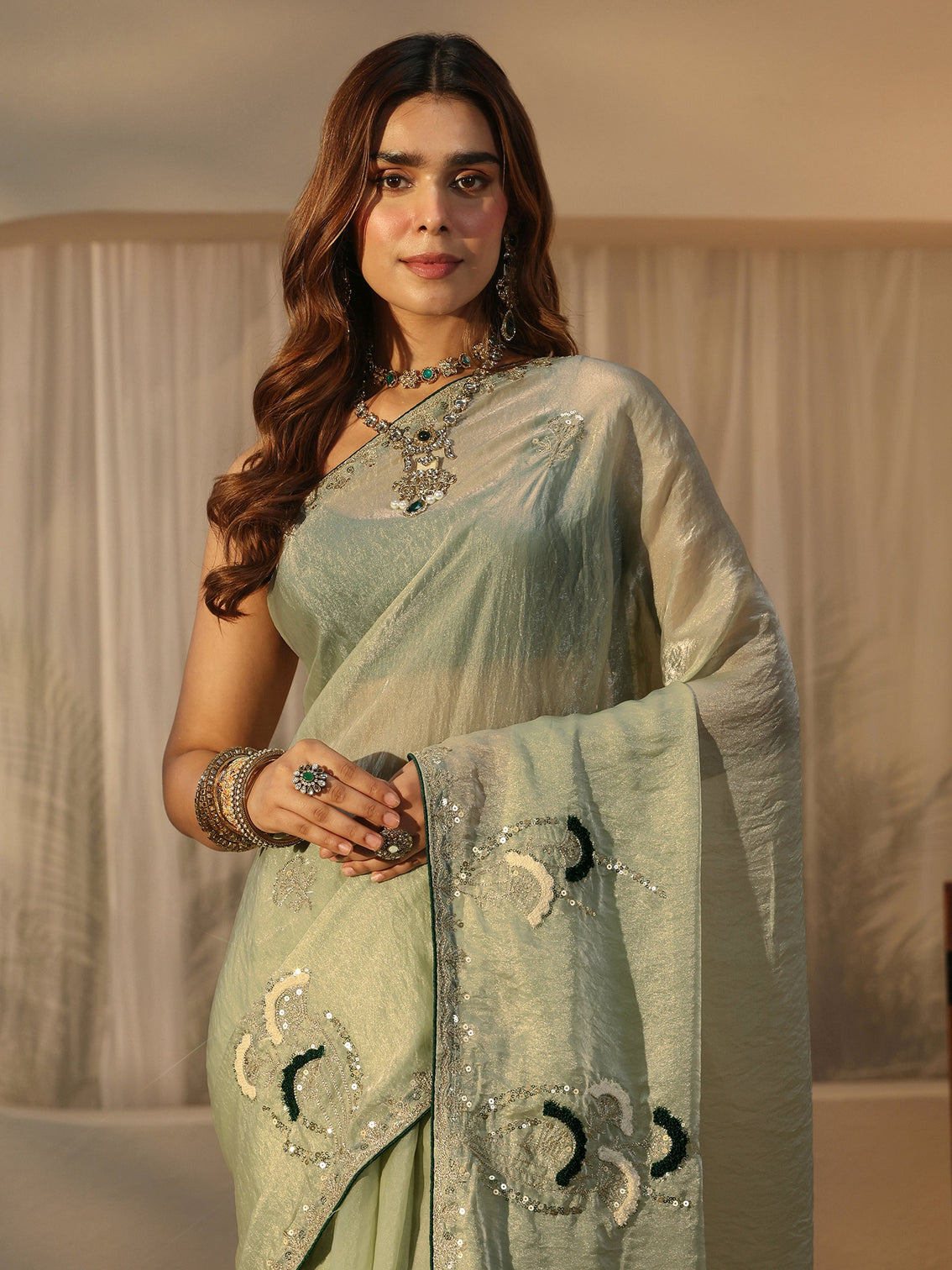 Mameraa Light Green Sequin Embellished Tissue Saree