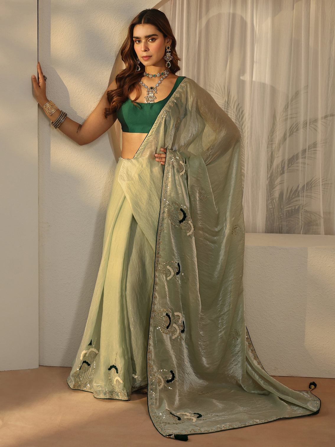 Mameraa Light Green Sequin Embellished Tissue Saree