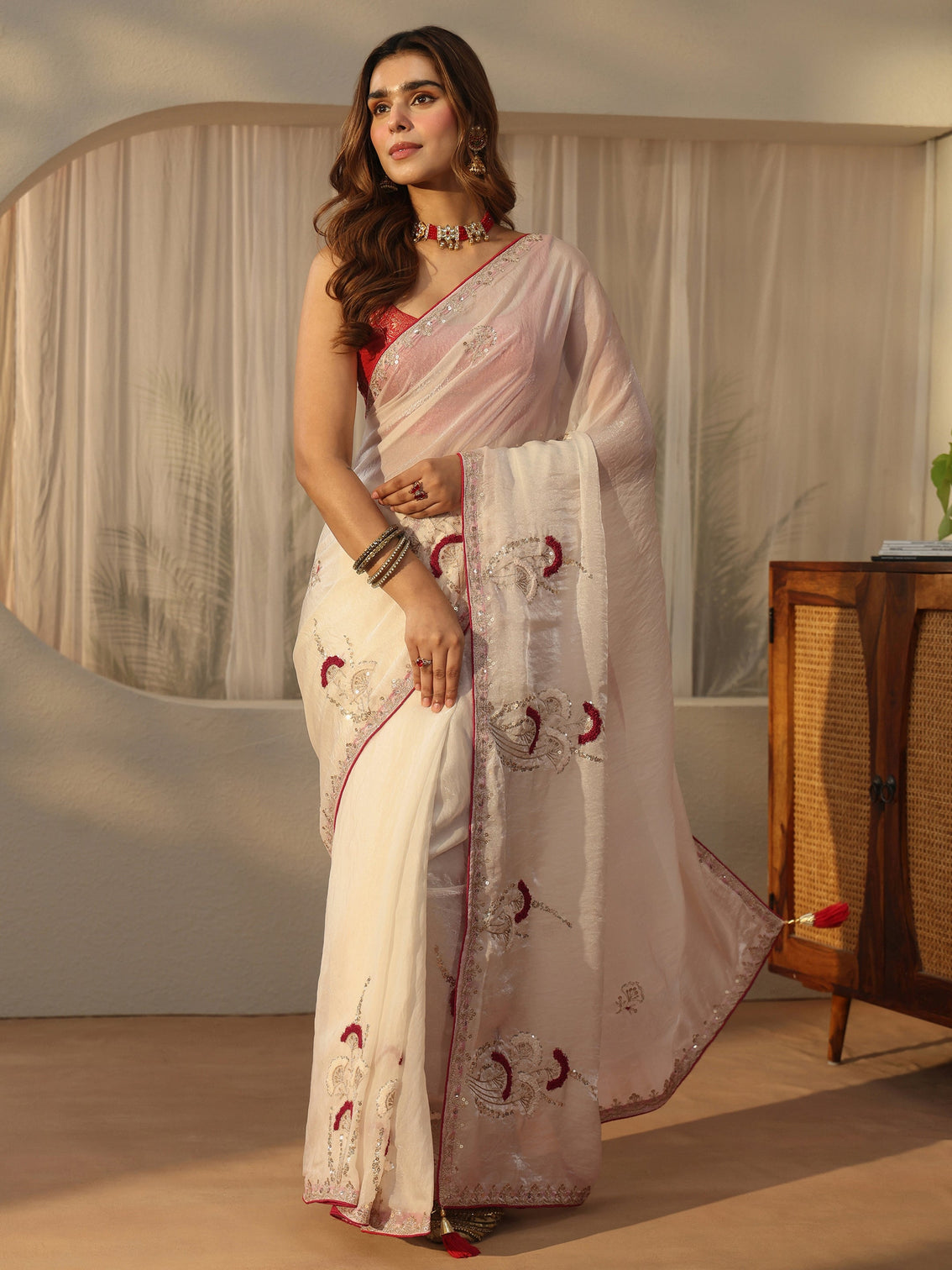 Mameraa Cream Sequin Embellished Tissue Saree